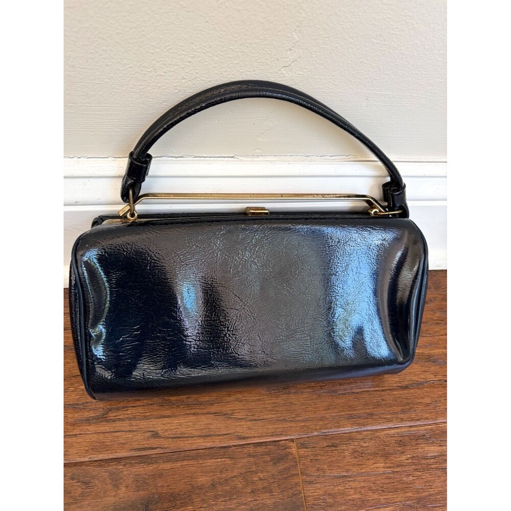 Vintage 50s 60s Navy Patent Frame Handbag Top Handle Kiss Lock Purse